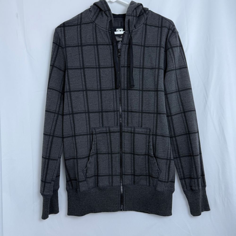 Y2K Ocean Pacific OP Plaid Zip Up Hoodie Gray Skate Surf Mens Medium Vintage